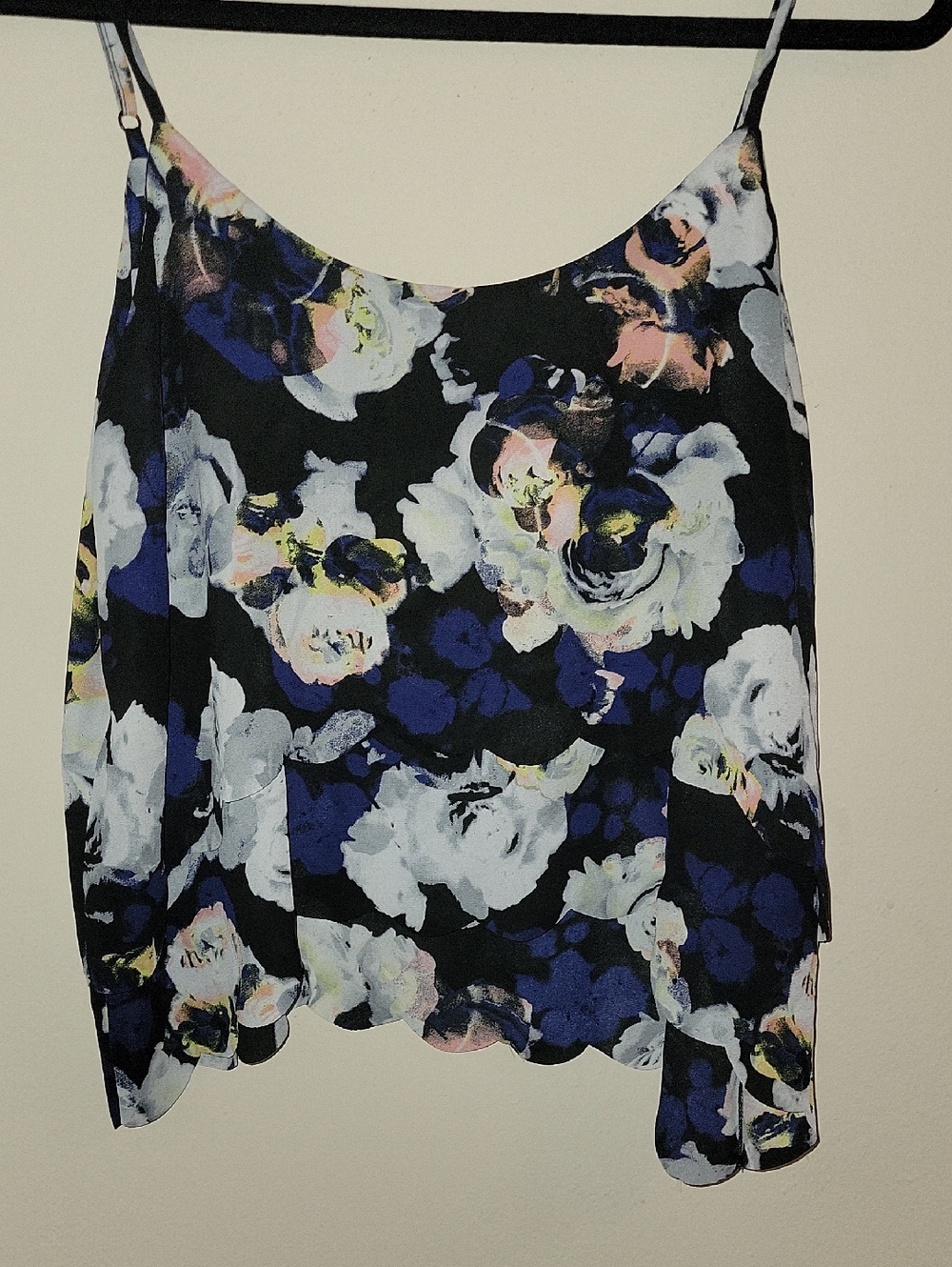 Material Girl Black Floral Scalloped Hem Camisole with Blue & White Blooms